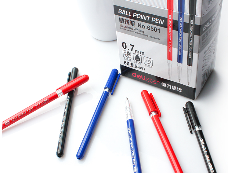 得力圆珠笔6501 Deli办公学习用品红蓝黑三色圆珠笔0.7mm